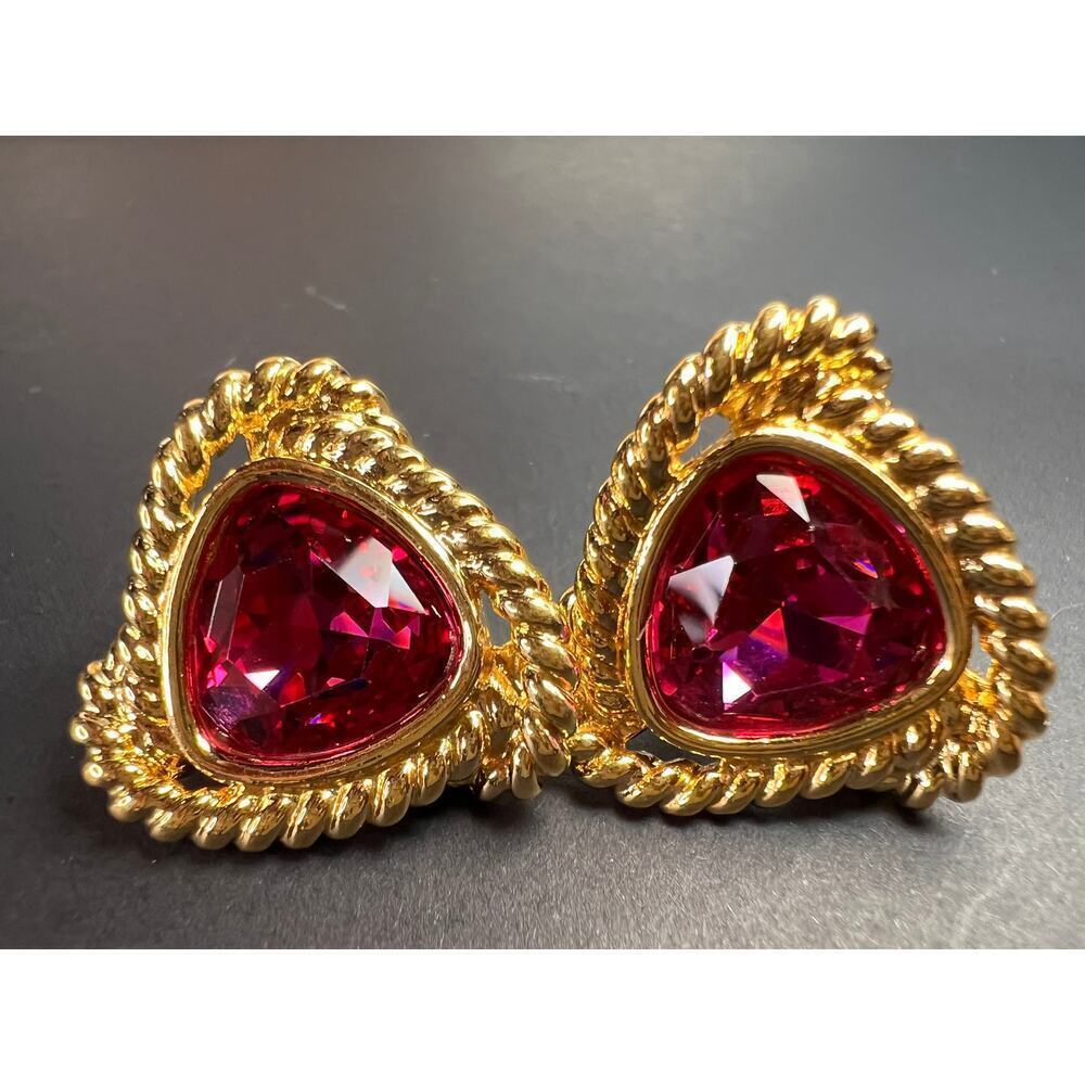 Vintage Swarovski Magenta Crystal Gold Tone Rope Post Earrings